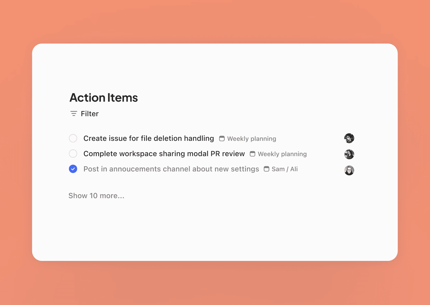 Action items list with assignees