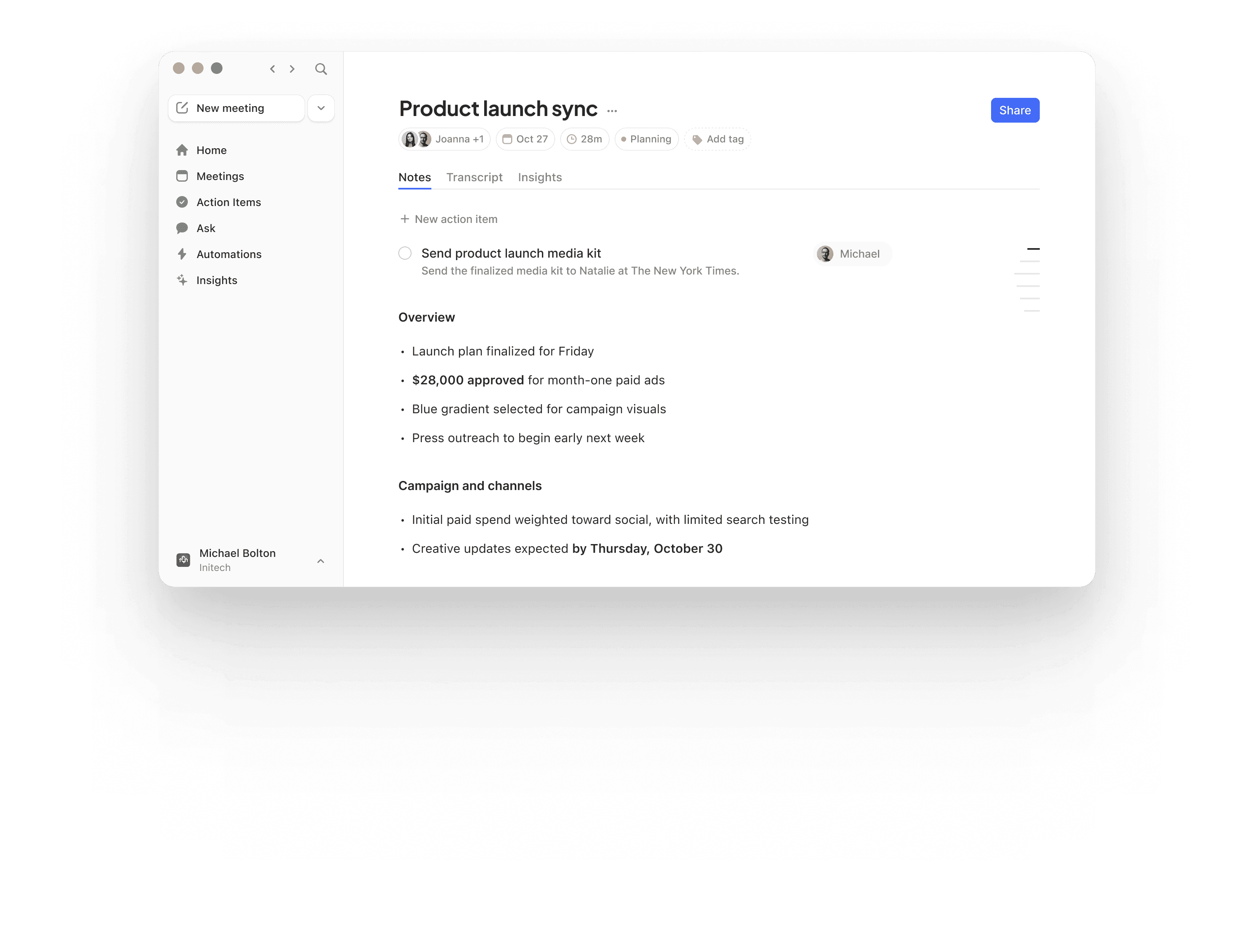 Circleback meeting notes interface